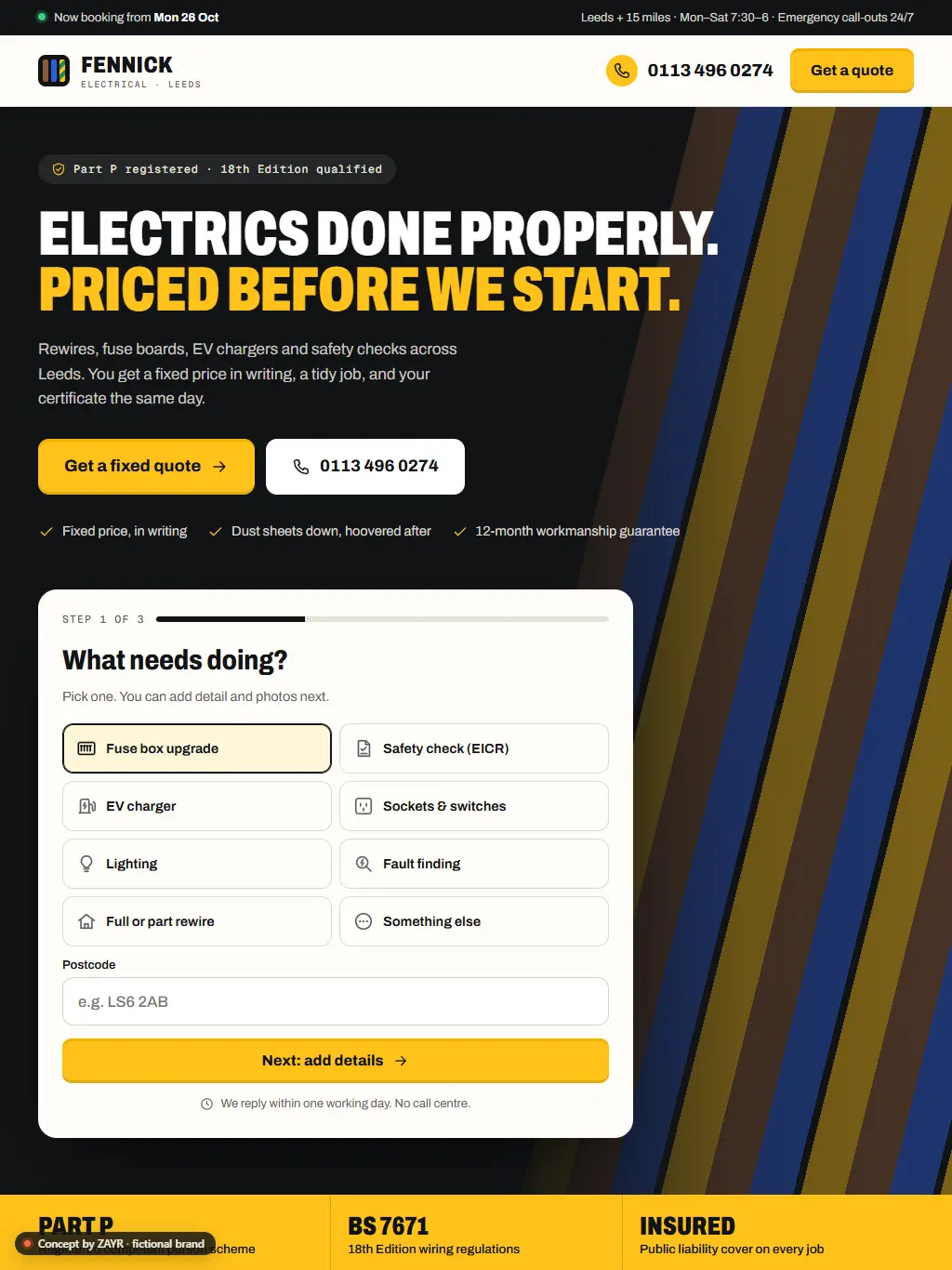 Fennick Electrical concept homepage on a tablet, with the headline above the quote card.