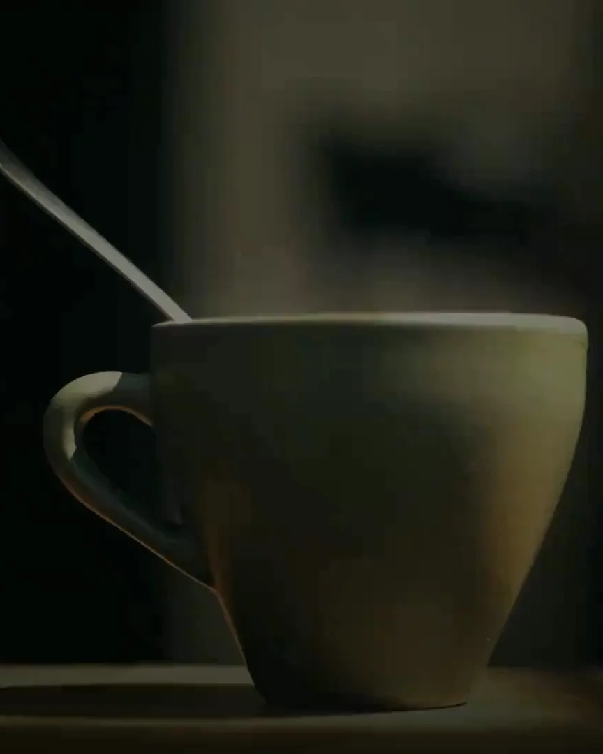 A ceramic cup with a spoon resting in it, lit by early morning light