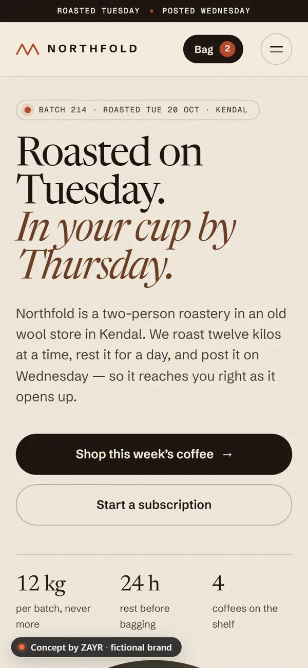 Northfold concept homepage on a phone: stacked serif headline, shop and subscription buttons, and batch facts.