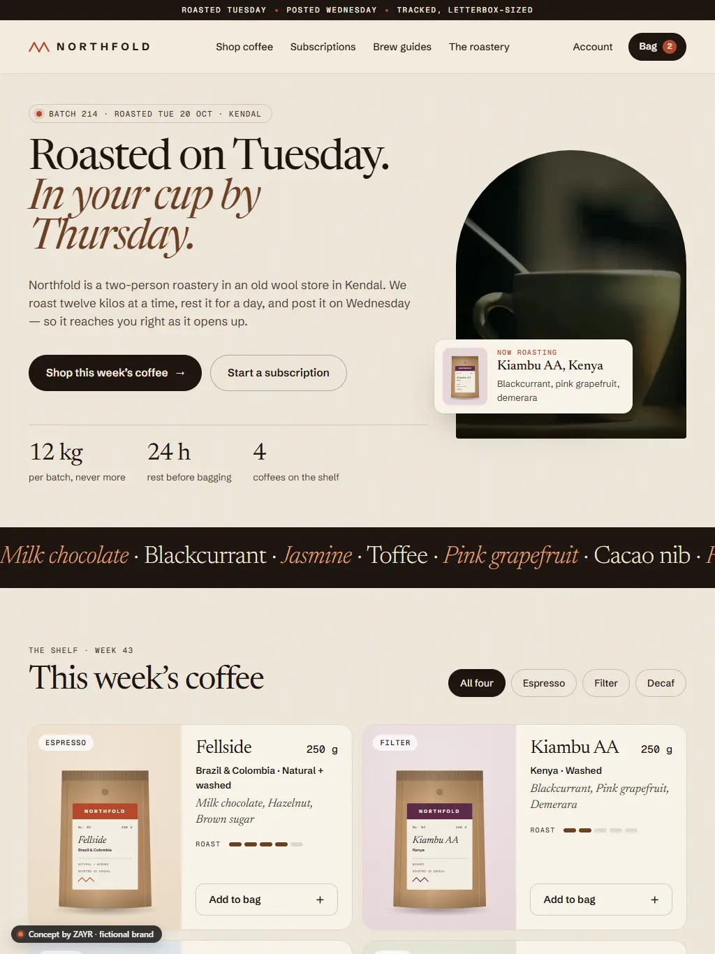 Northfold concept homepage on a tablet, showing the hero and the first coffee products.