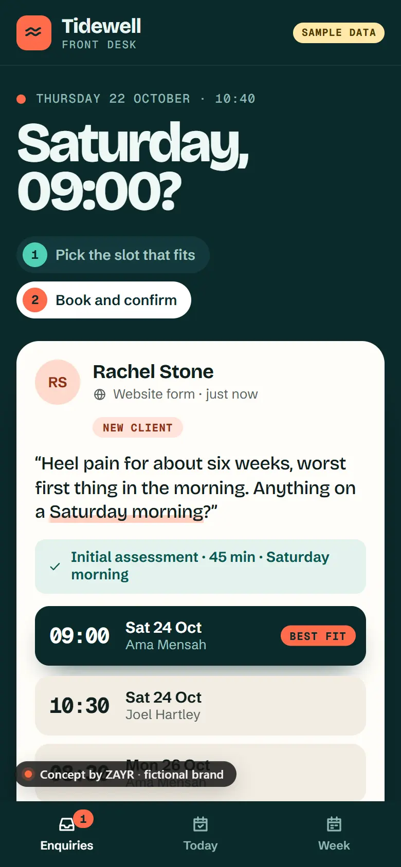 The same concept app on a phone, with the enquiry and the best-fit slot.